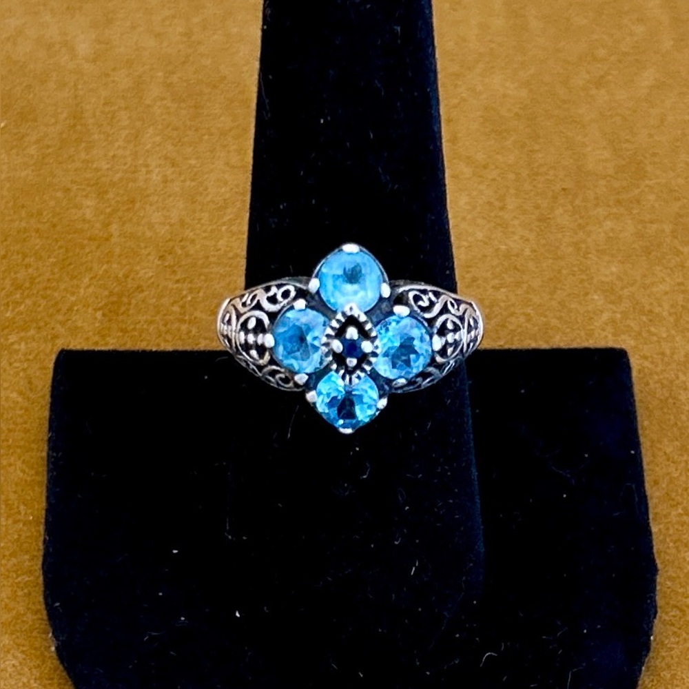 Blue Topaz and Sapphire Silver Filigree Ring